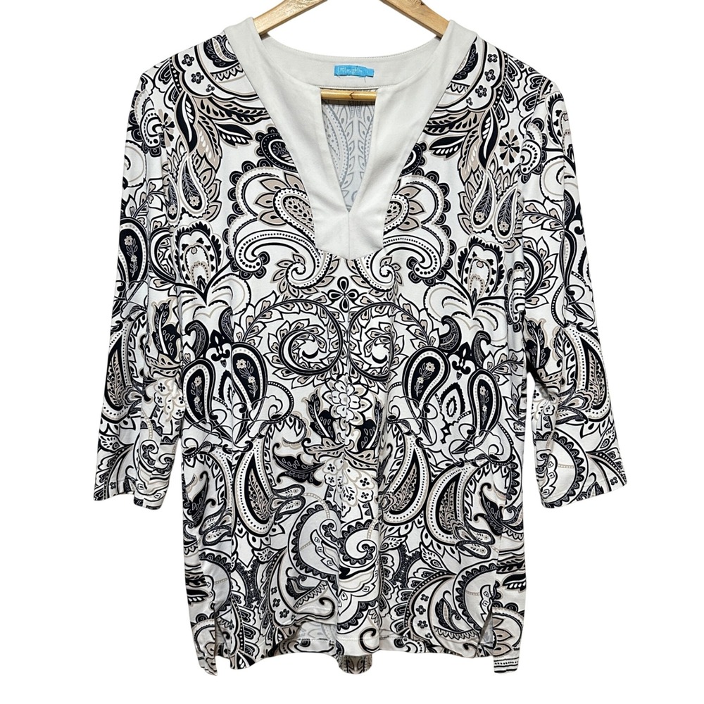 J. McLaughlin Paisley Tunic Womens Large White Black 3/4 Sleeve Catalina Cloth